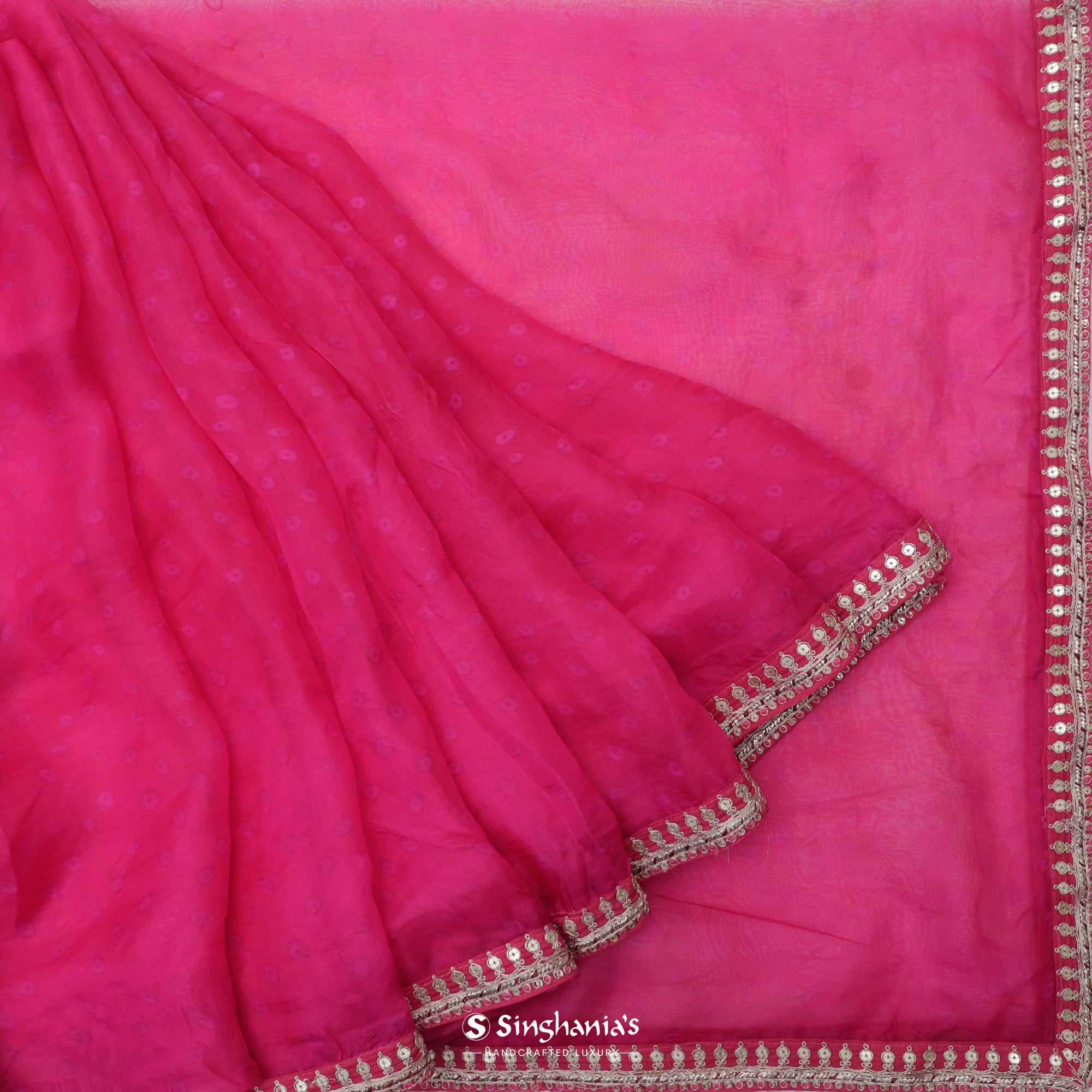 Dark Pink Printed Organza Saree With Bandhani Butti And Embroidery
