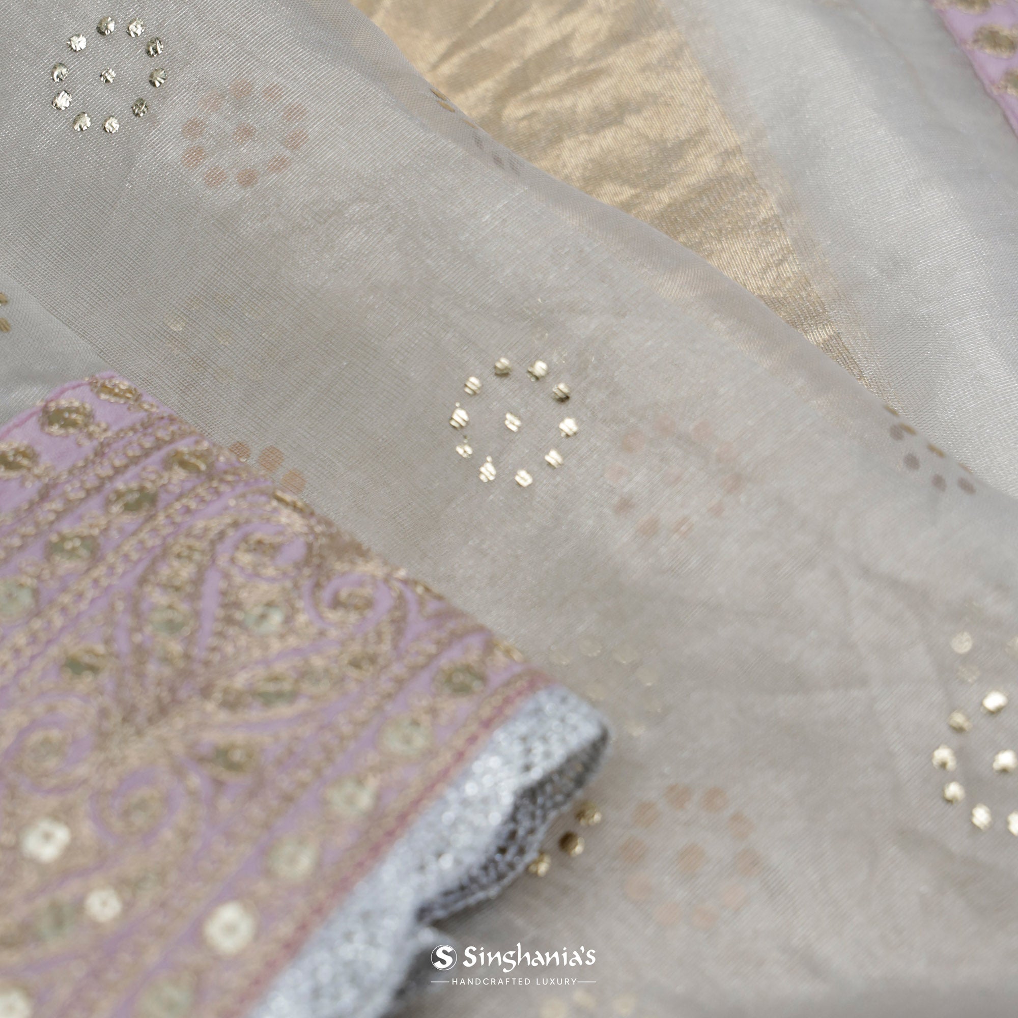 Silver Grey Tissue Embroidery Saree With Butti Design