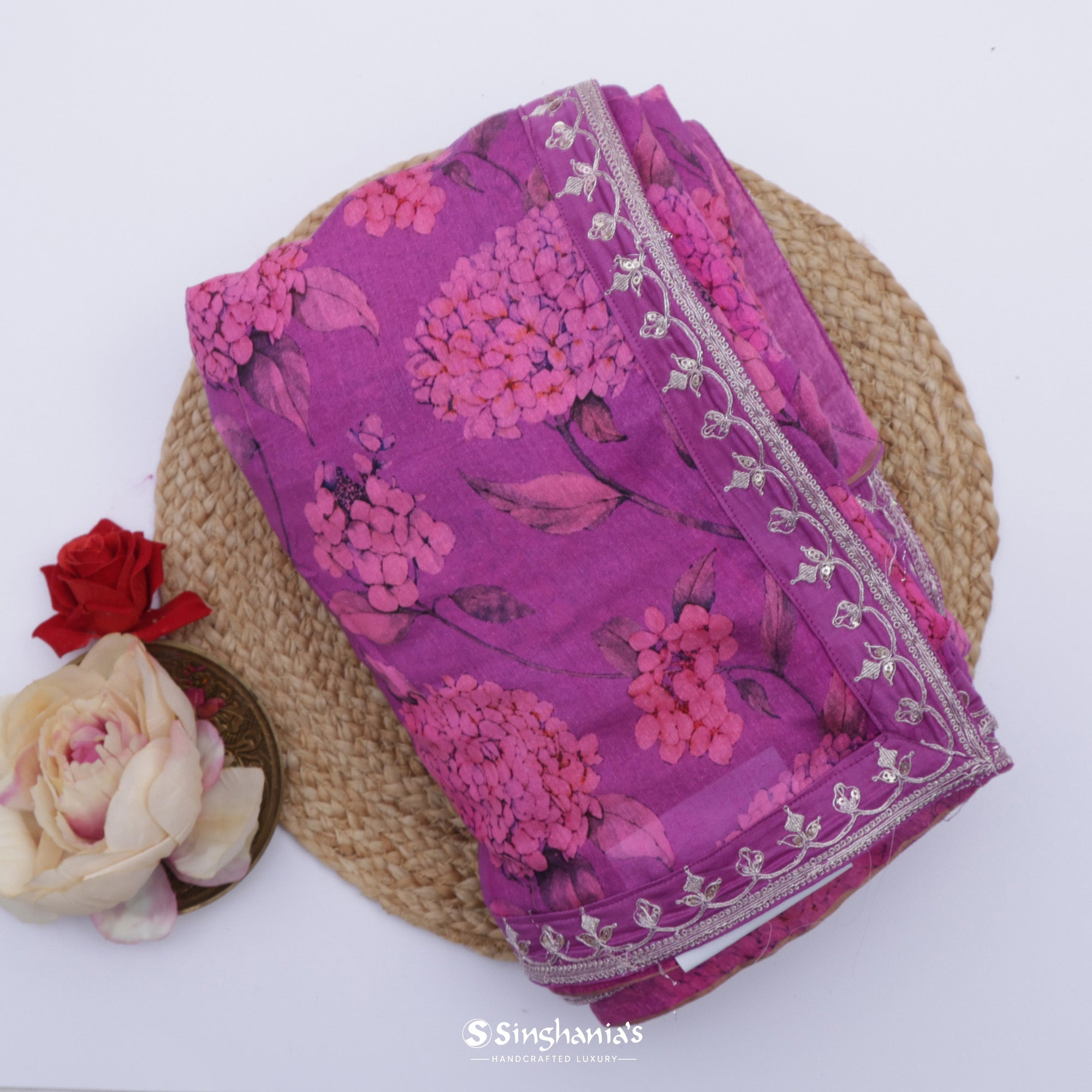Berry Purple Matka Saree With Floral Print