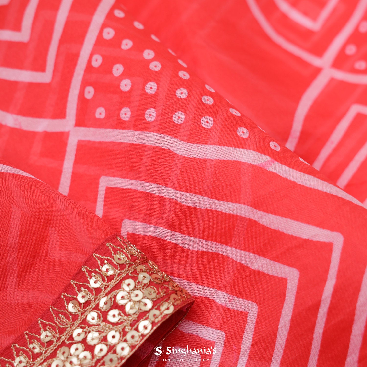 Jasper Red Organza Saree With Bandhani Pattern