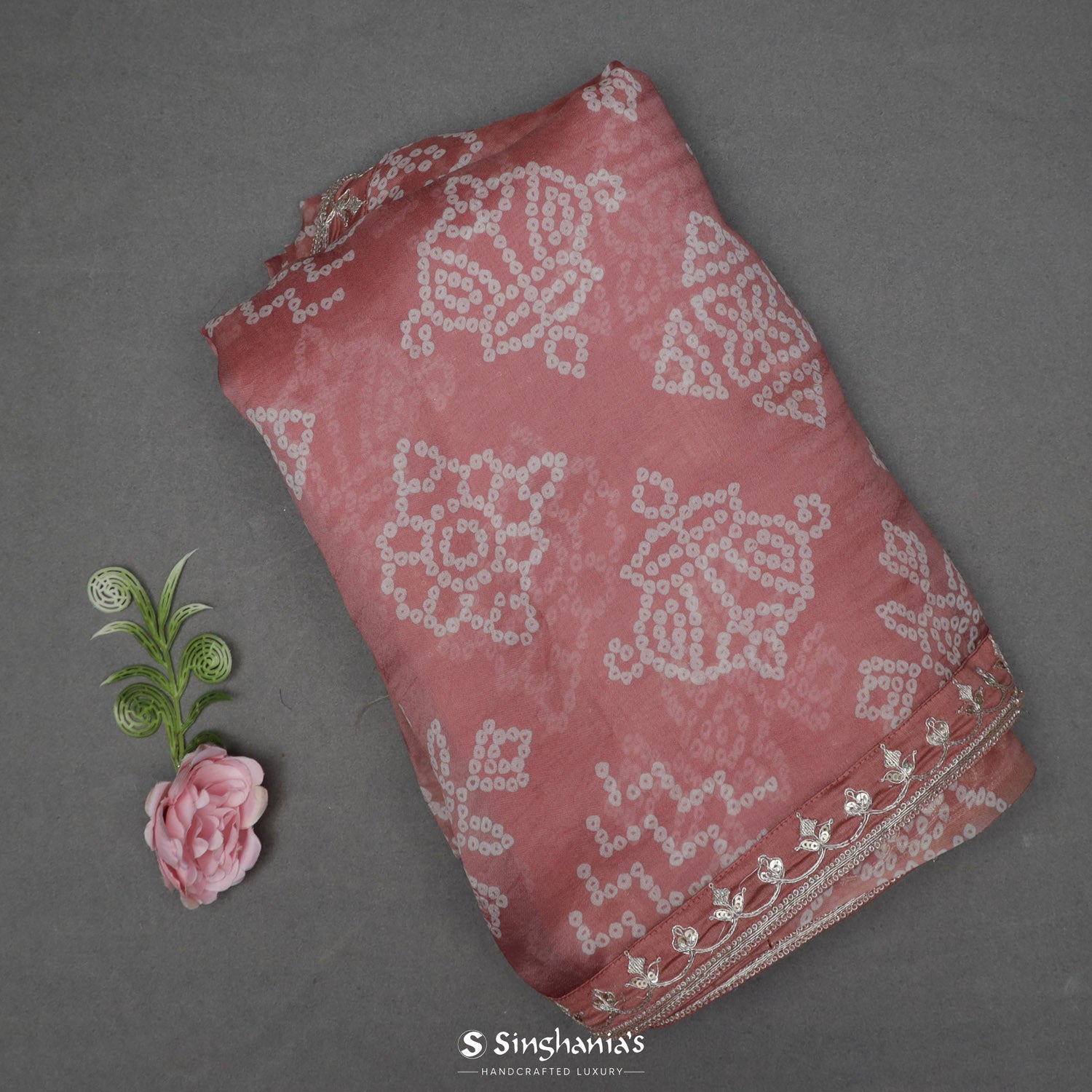 Tea Rose Pink Organza Saree With Bandhani Pattern