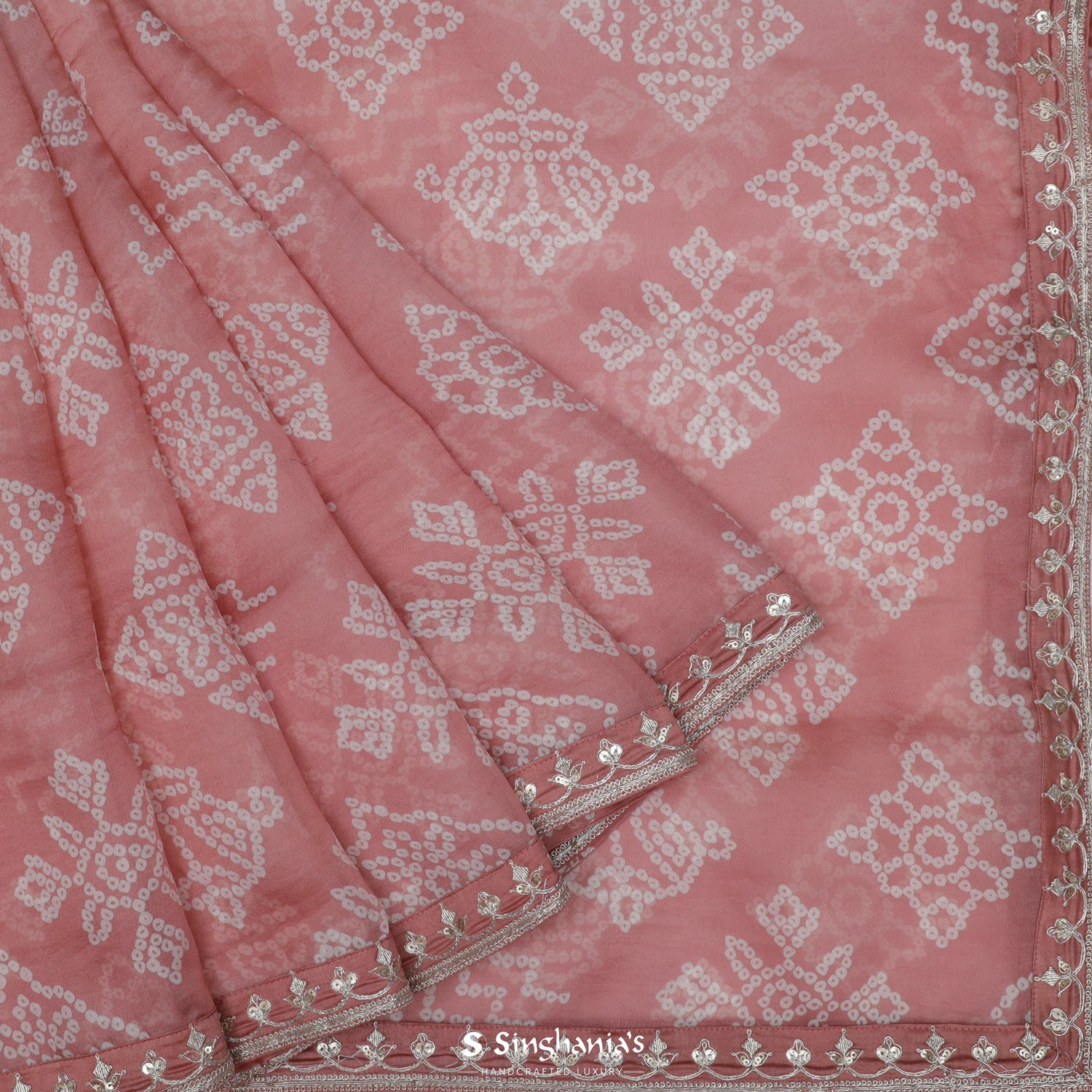 Tea Rose Pink Organza Saree With Bandhani Pattern