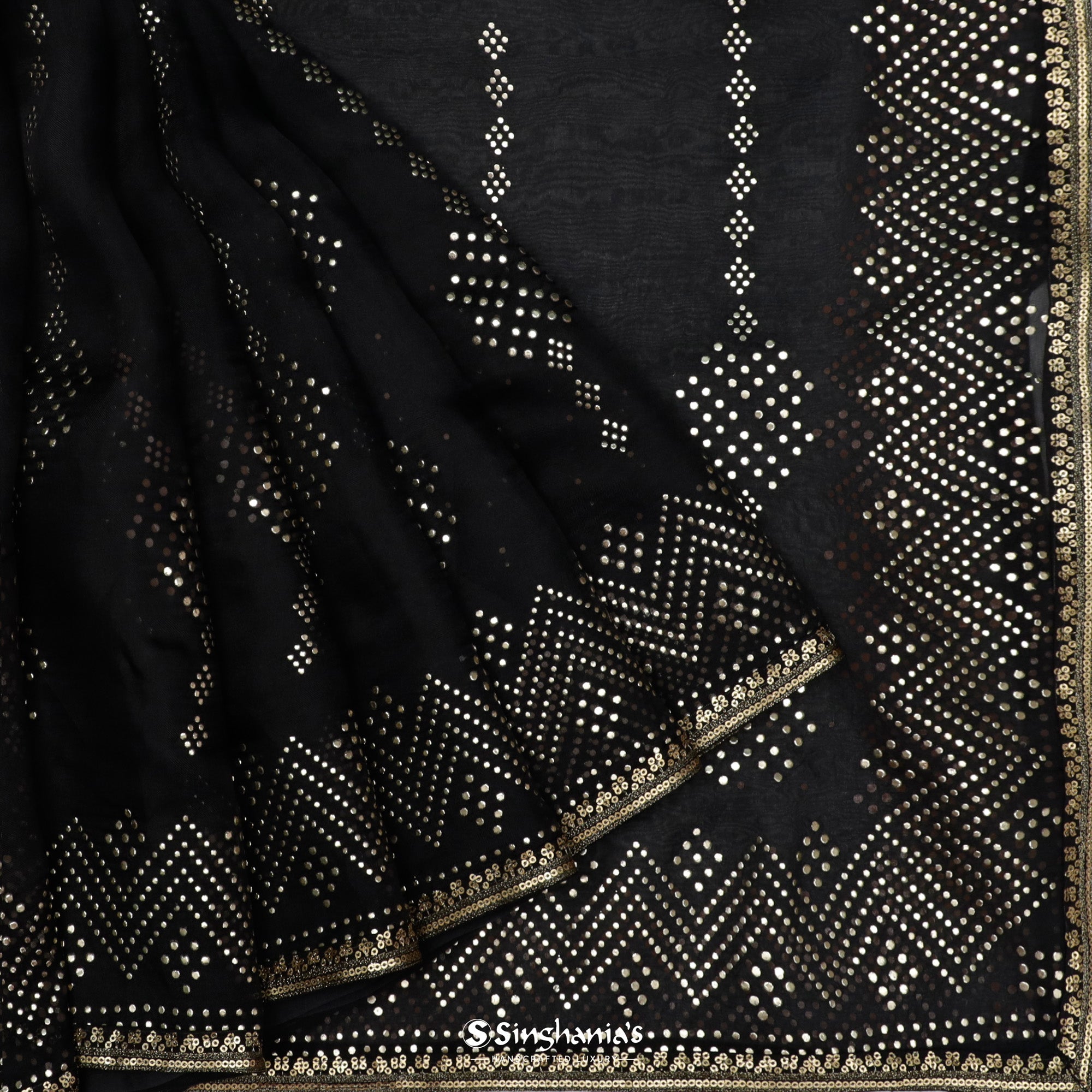 Asphalt Black Printed Organza Saree With Mukaish Pattern