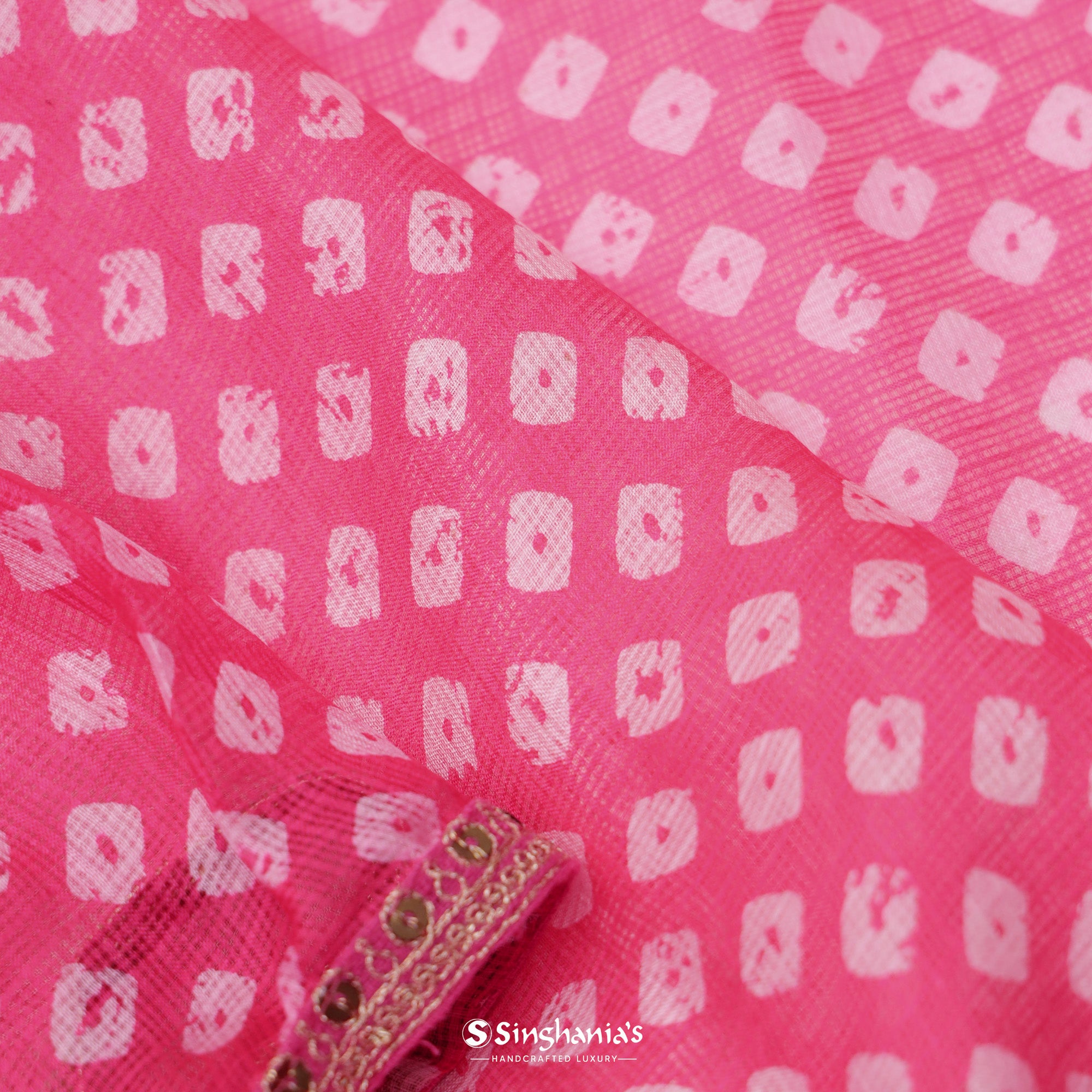 Watermelon Pink Silk Saree With Bandhani Work And Embroidery