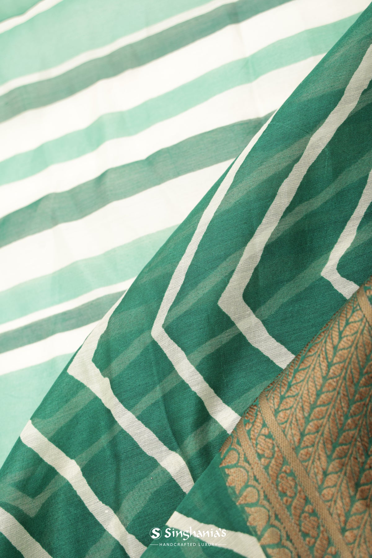 Bottle Green Chanderi Printed Saree With Chevron Pattern