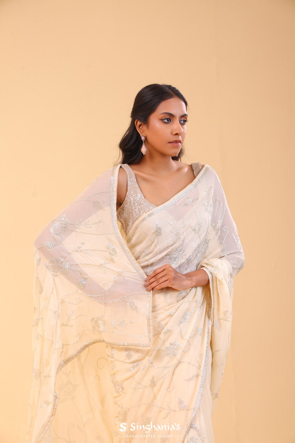 Cream White Georgette Handcrafted Saree