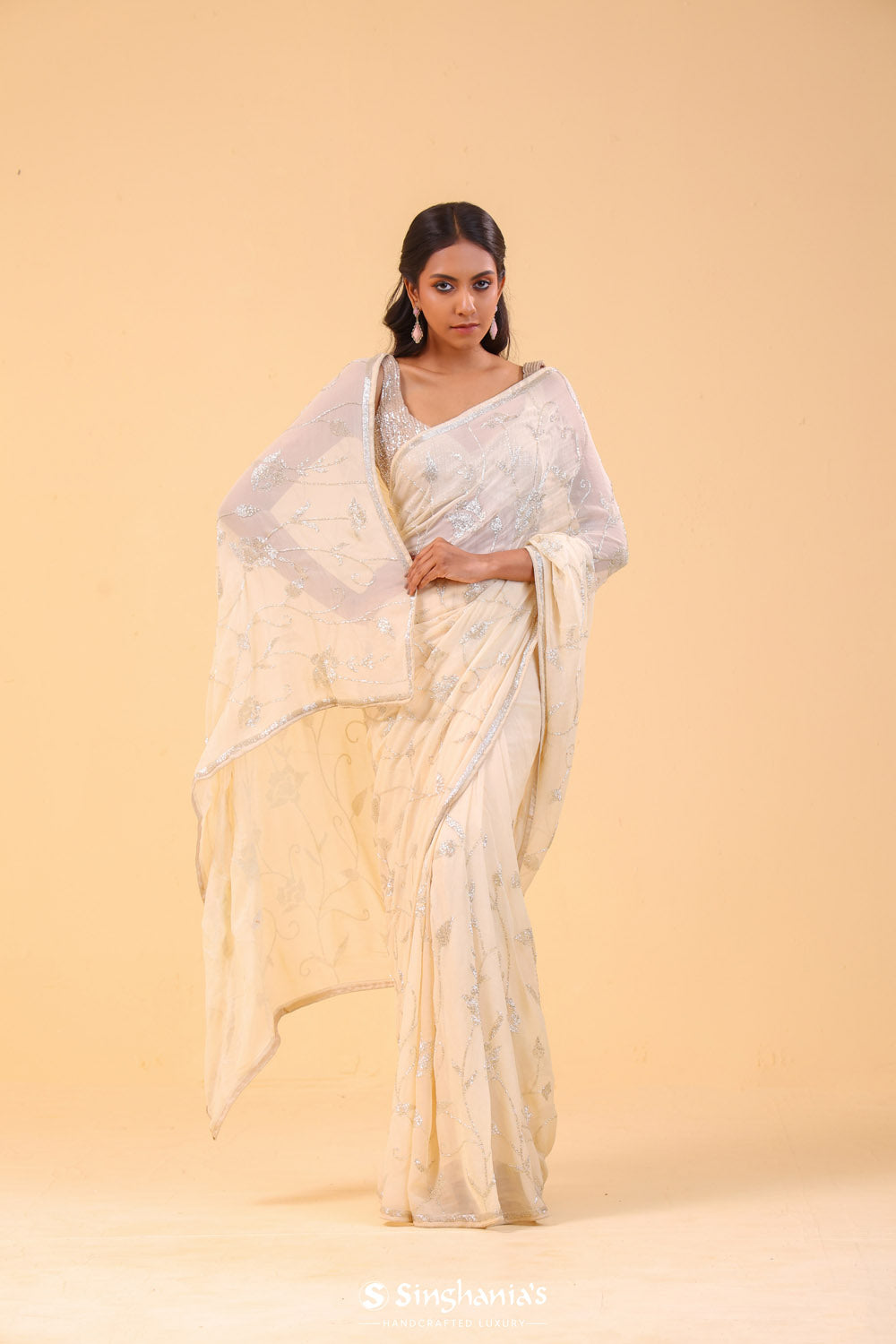 Cream White Georgette Handcrafted Saree