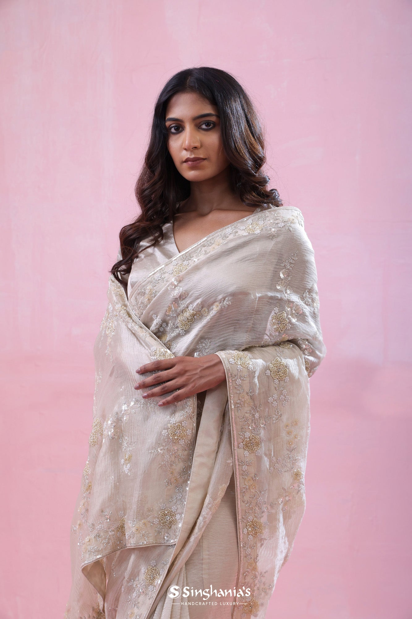 Rose White Tissue Organza Saree With Hand Embroidery