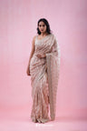Brown Beige Crushed Tissue Organza Saree With Hand Embroidery