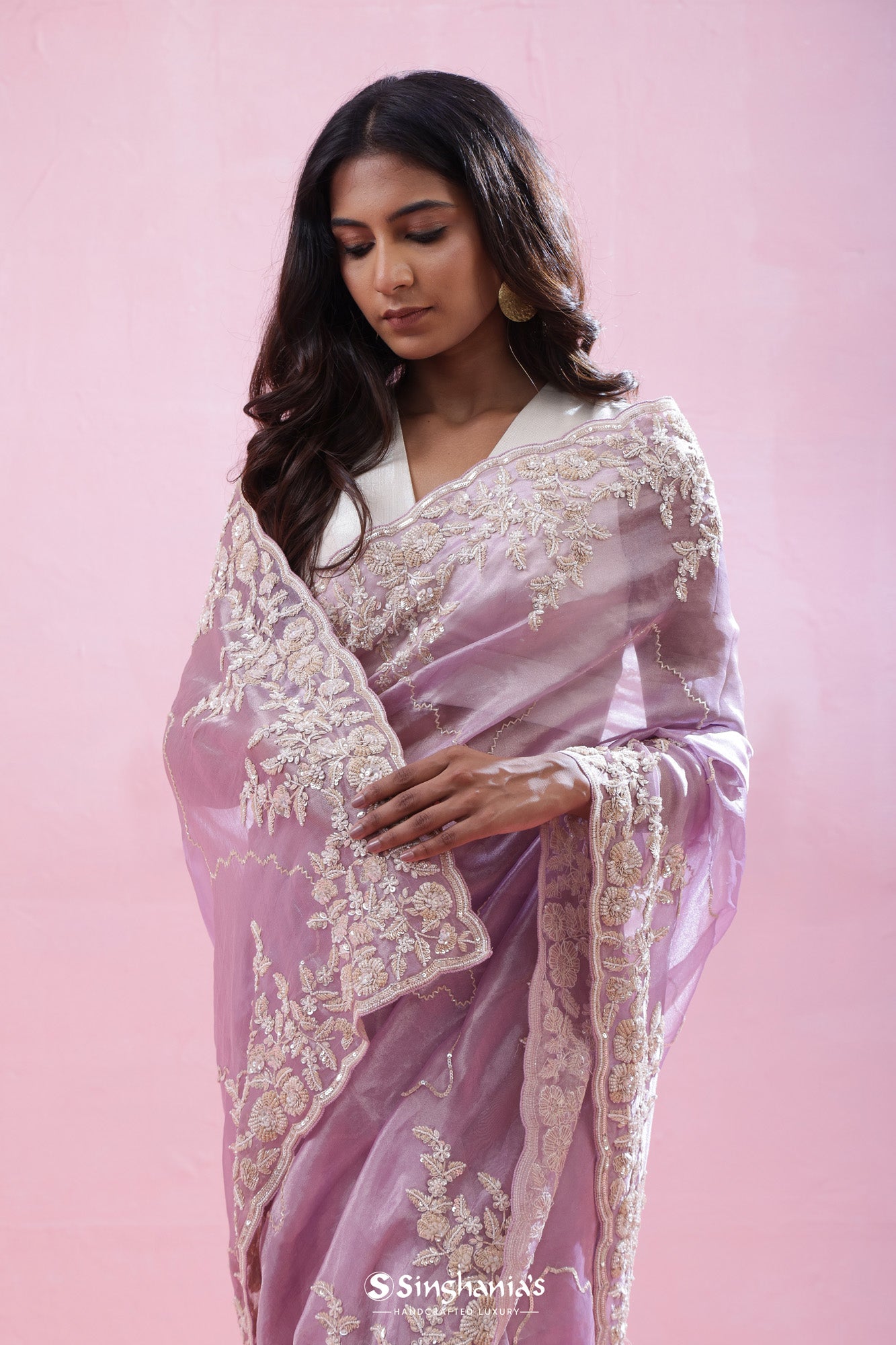 Heather Purple Tissue Organza Saree With Hand Embroidery