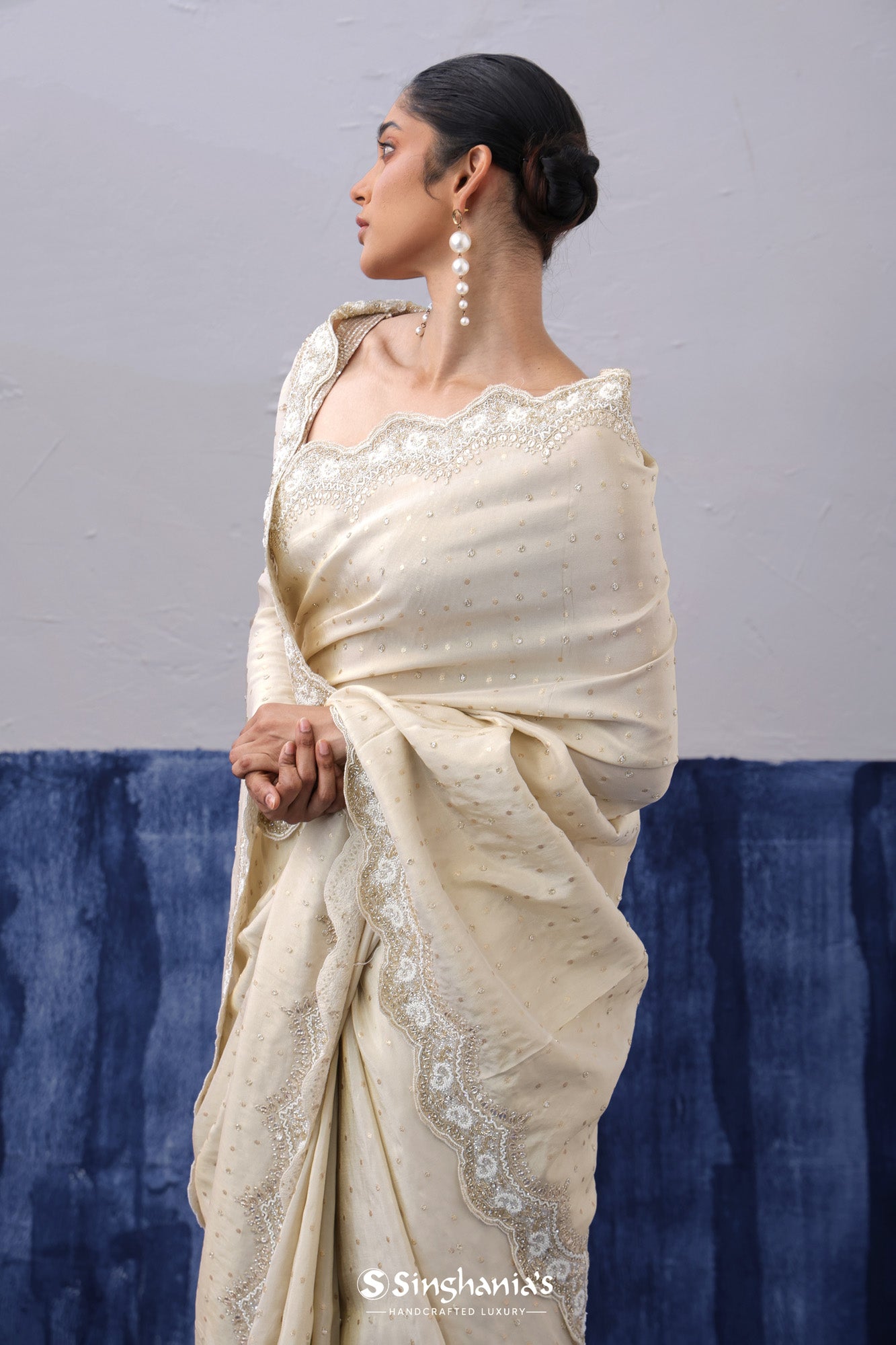 Merino White Tissue Organza Saree With Butti Embroidery