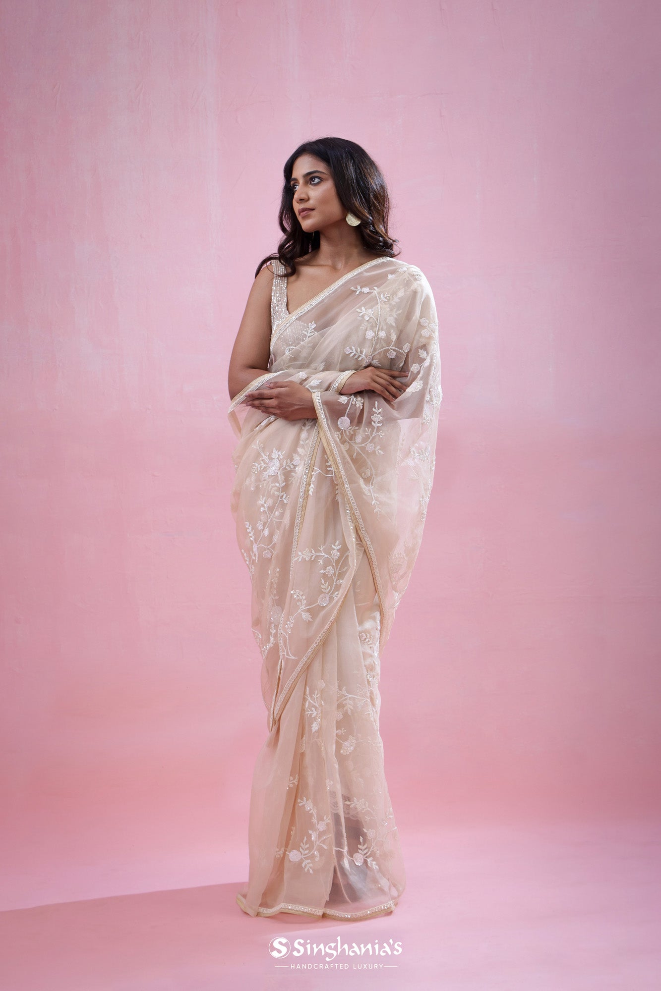 Seashell White Tissue Organza Saree With Hand Embroidery