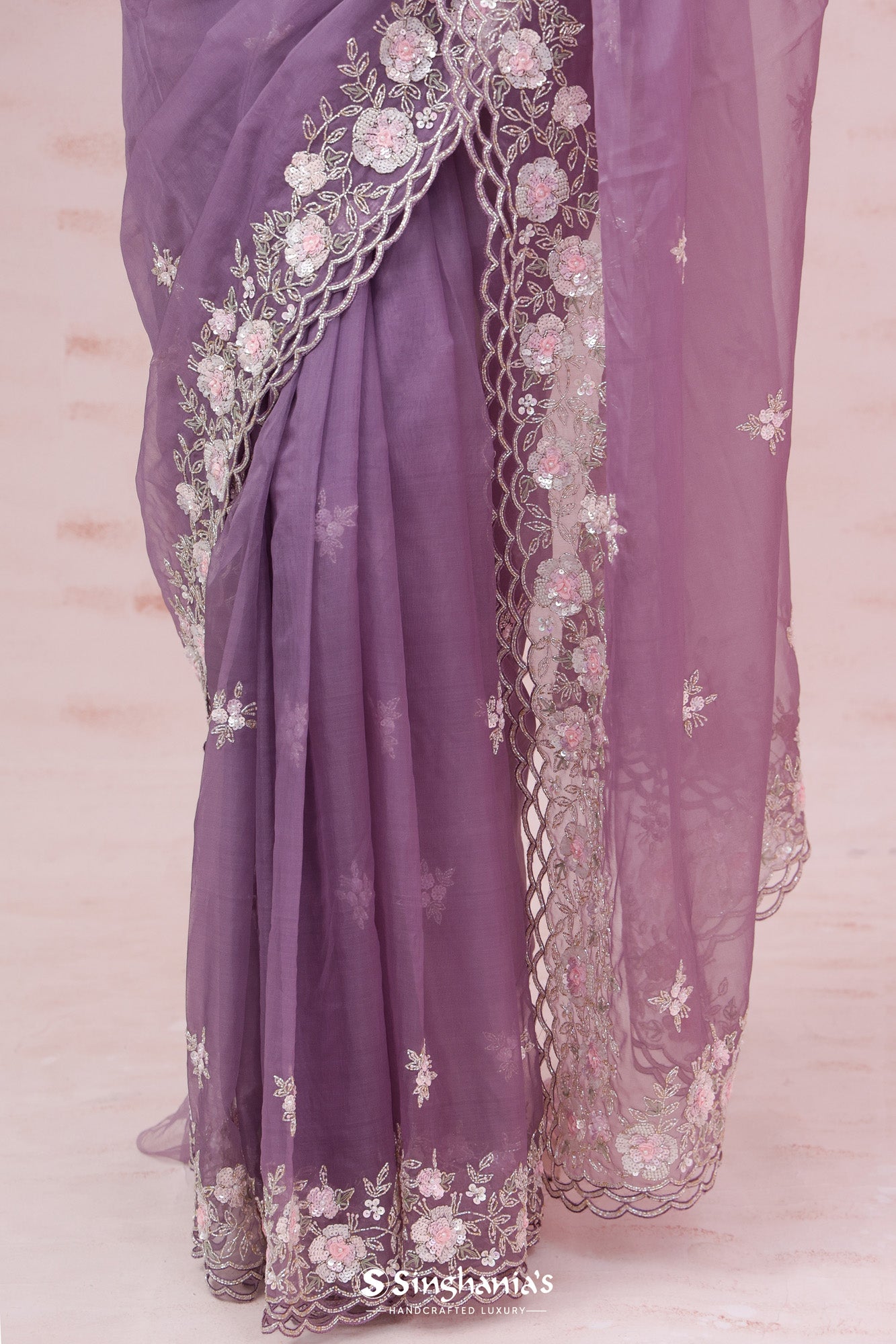 Strong Purple Net Designer Saree With Hand Embroidery