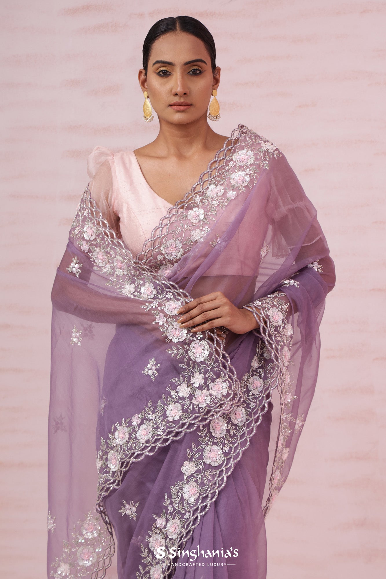 Strong Purple Net Designer Saree With Hand Embroidery