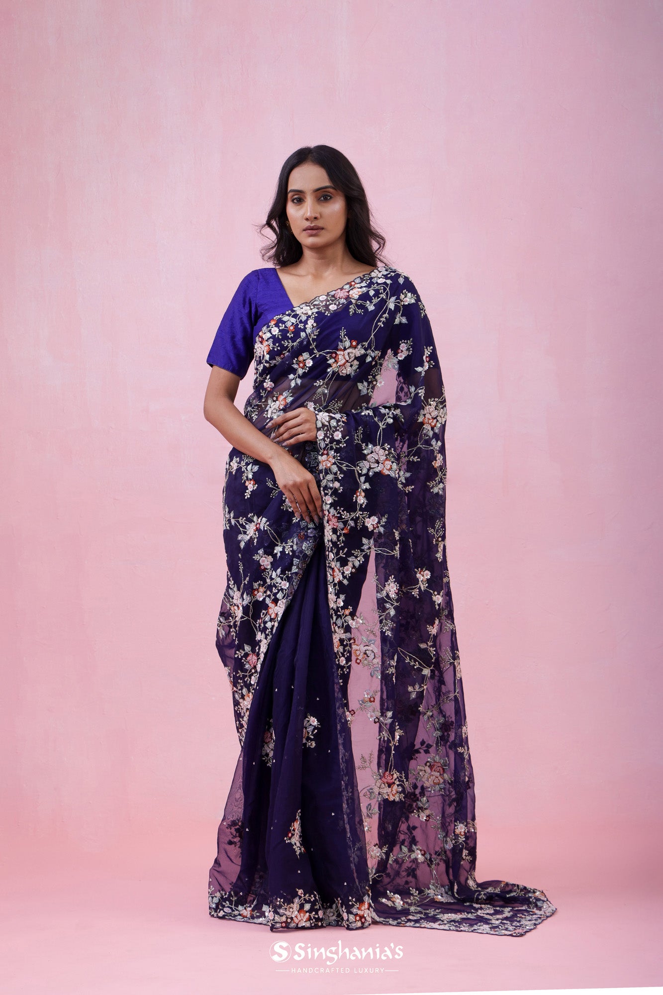 Duke Blue Organza Saree With Hand Embroidery