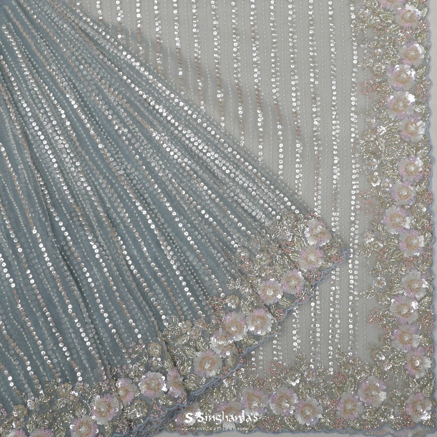 Arctic Blue Net Saree With Sequins Embroidery