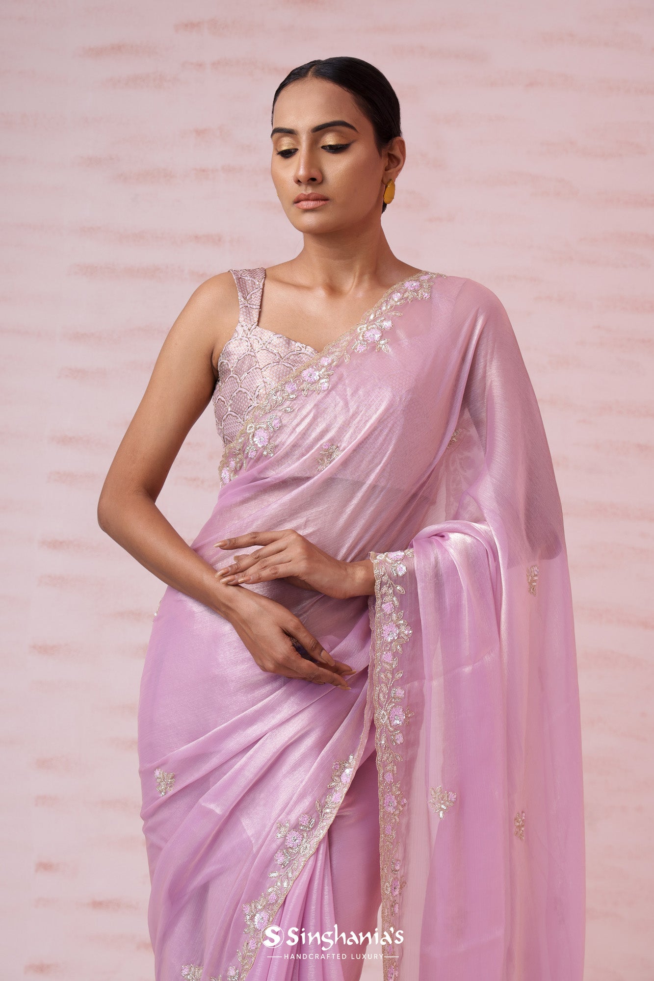 Taffy Pink Tissue Organza Designer Saree With Hand Embroidery