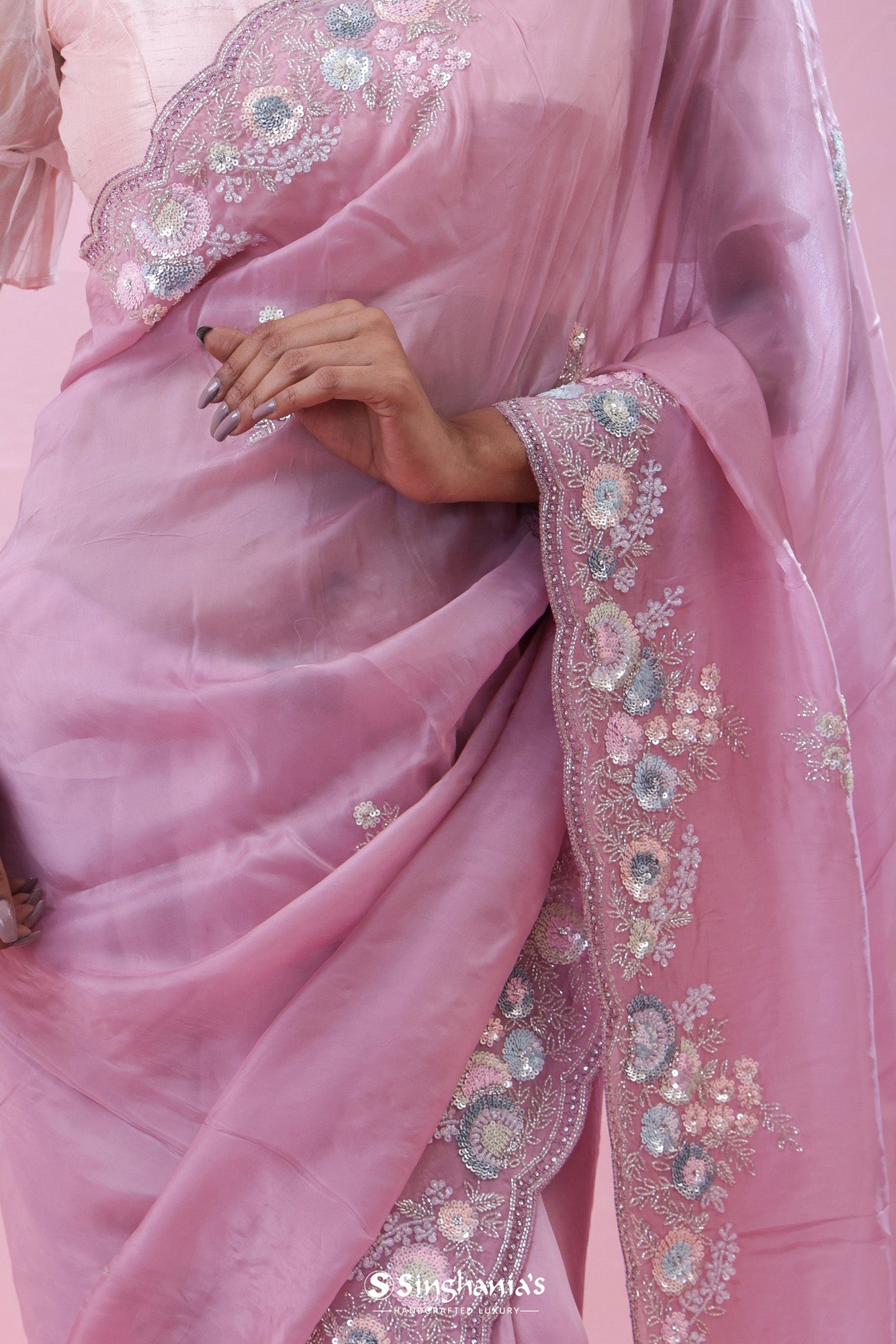 Thulian Pink Organza Saree With Hand Embroidery
