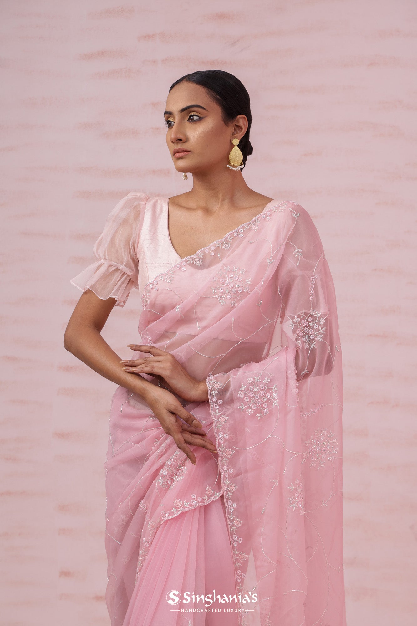 Cameo Pink Organza Designer Saree With Hand Embroidery