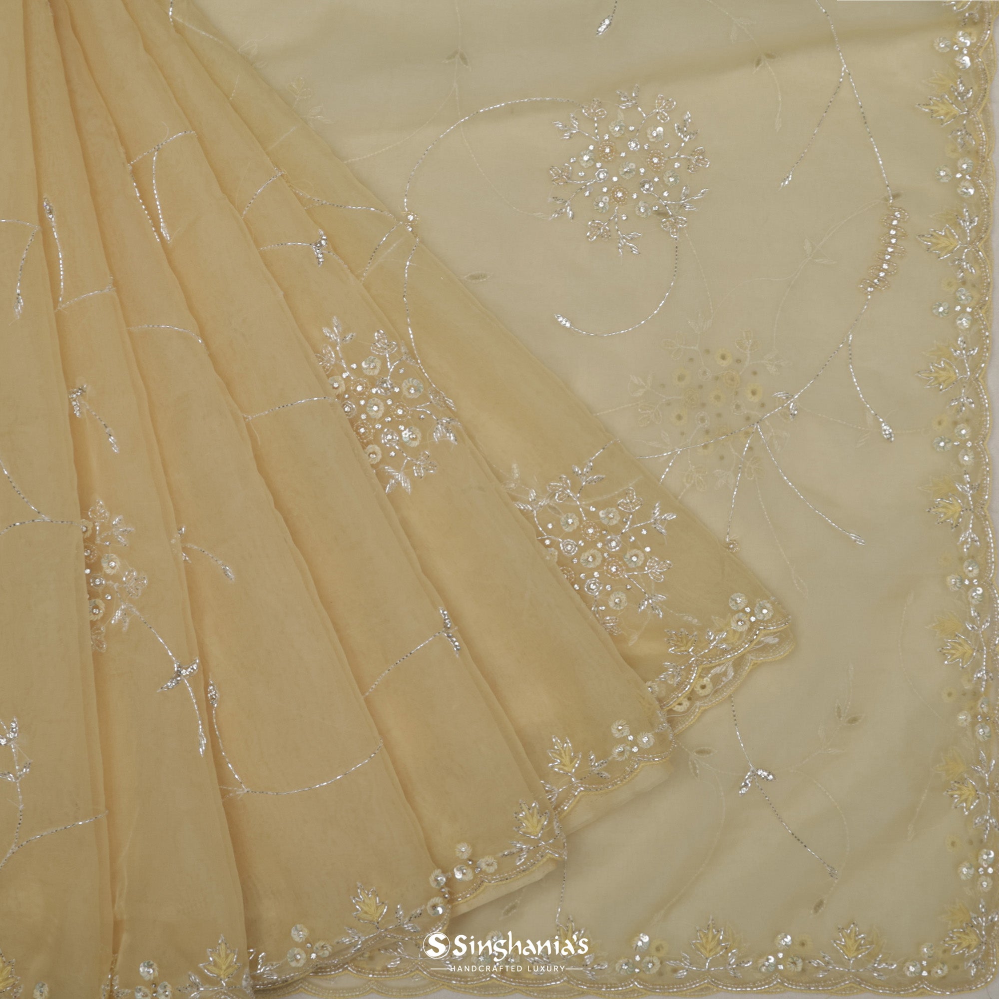 Dusty Yellow Organza Saree With Hand Embroidery