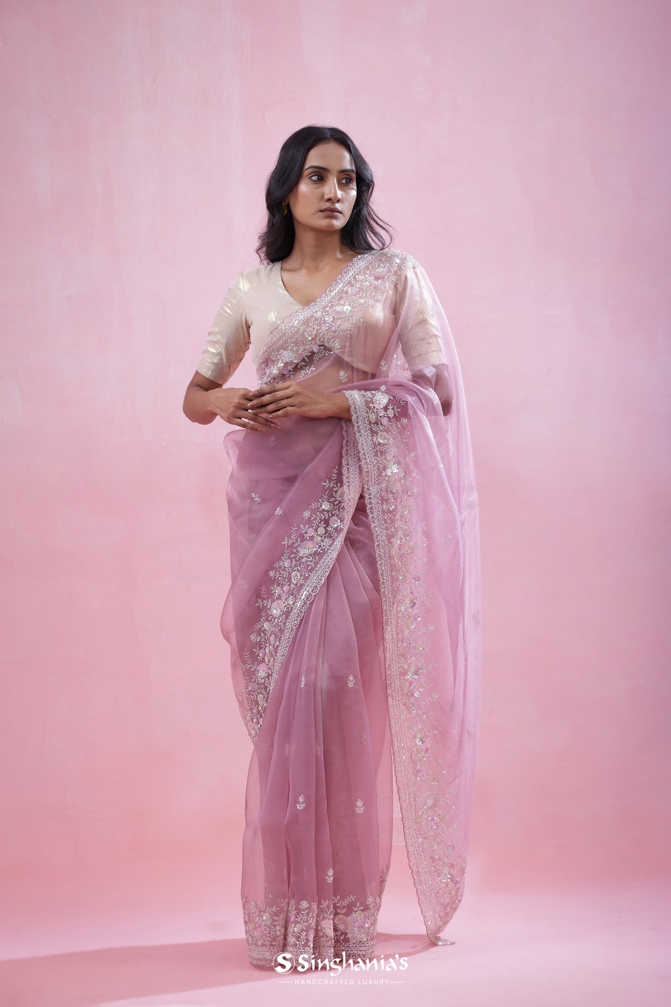 Pearl Purple Tissue Organza Saree With Hand Embroidery
