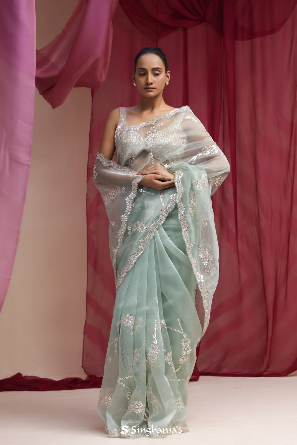 Brook Green Handcrafted Organza Saree With Gota Patti Embroidery