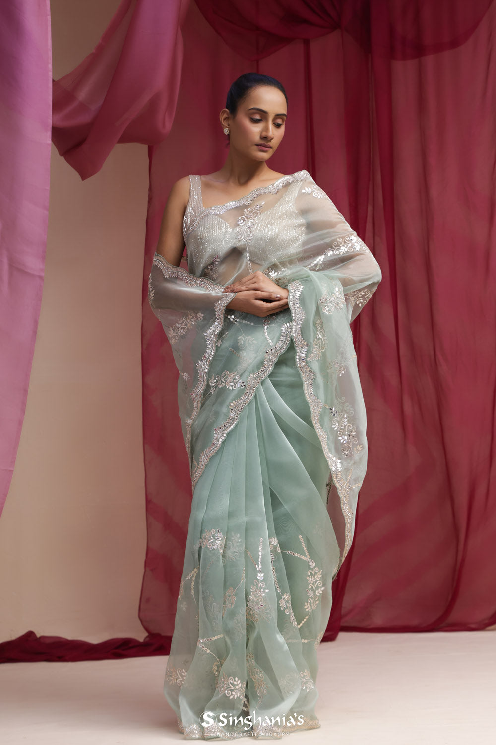 Brook Green Handcrafted Organza Saree With Gota Patti Embroidery