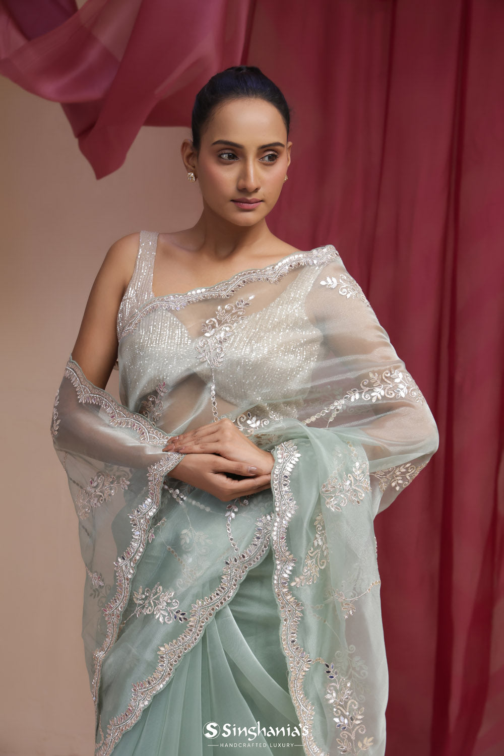 Brook Green Handcrafted Organza Saree With Gota Patti Embroidery