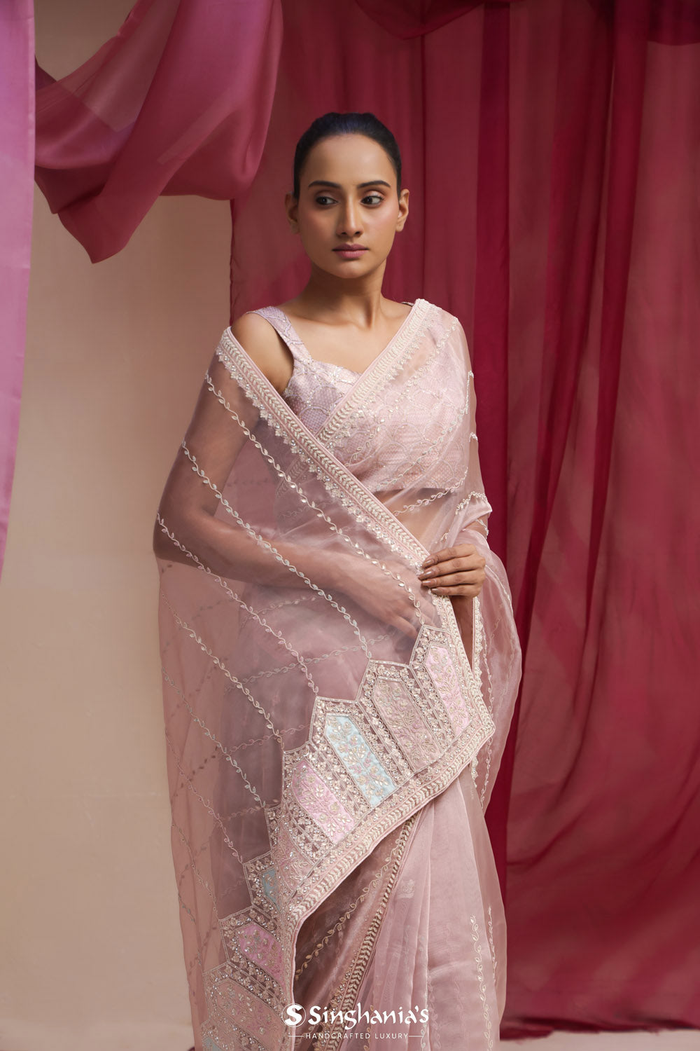 Baby Pink Tissue Organza Saree With Hand Embroidery