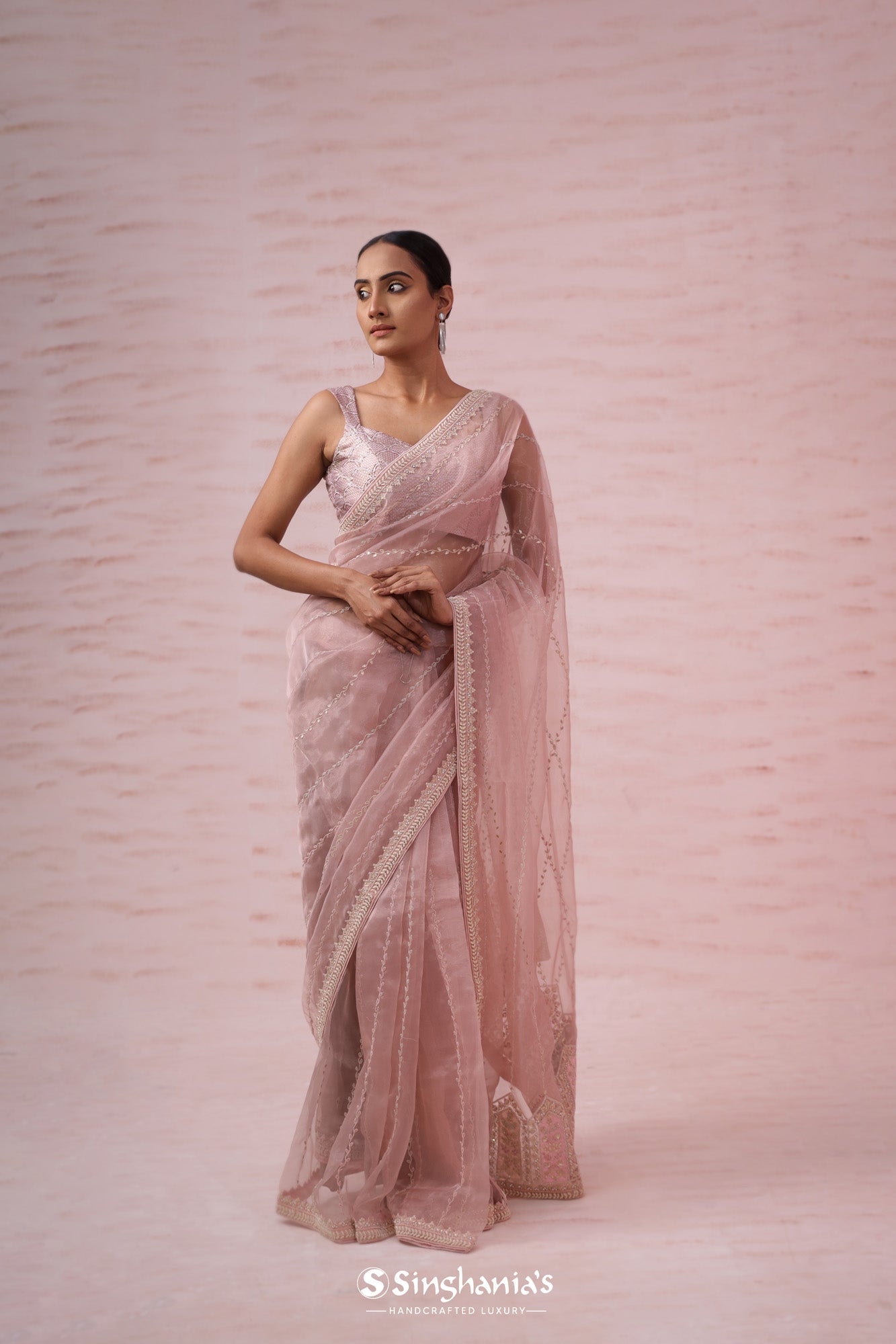 Lemonade Pink Tissue Organza Saree With Hand Embroidery