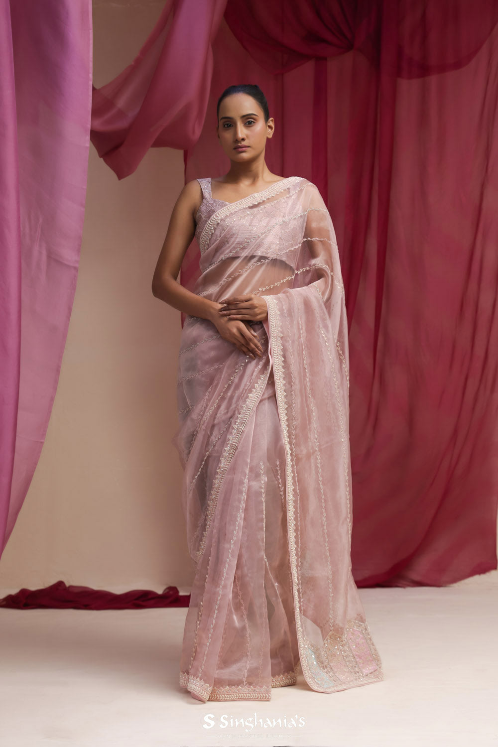 Baby Pink Tissue Organza Saree With Hand Embroidery