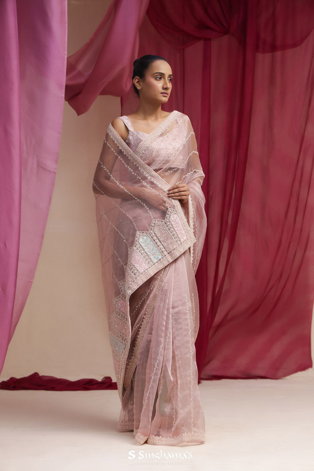 Baby Pink Tissue Organza Saree With Hand Embroidery