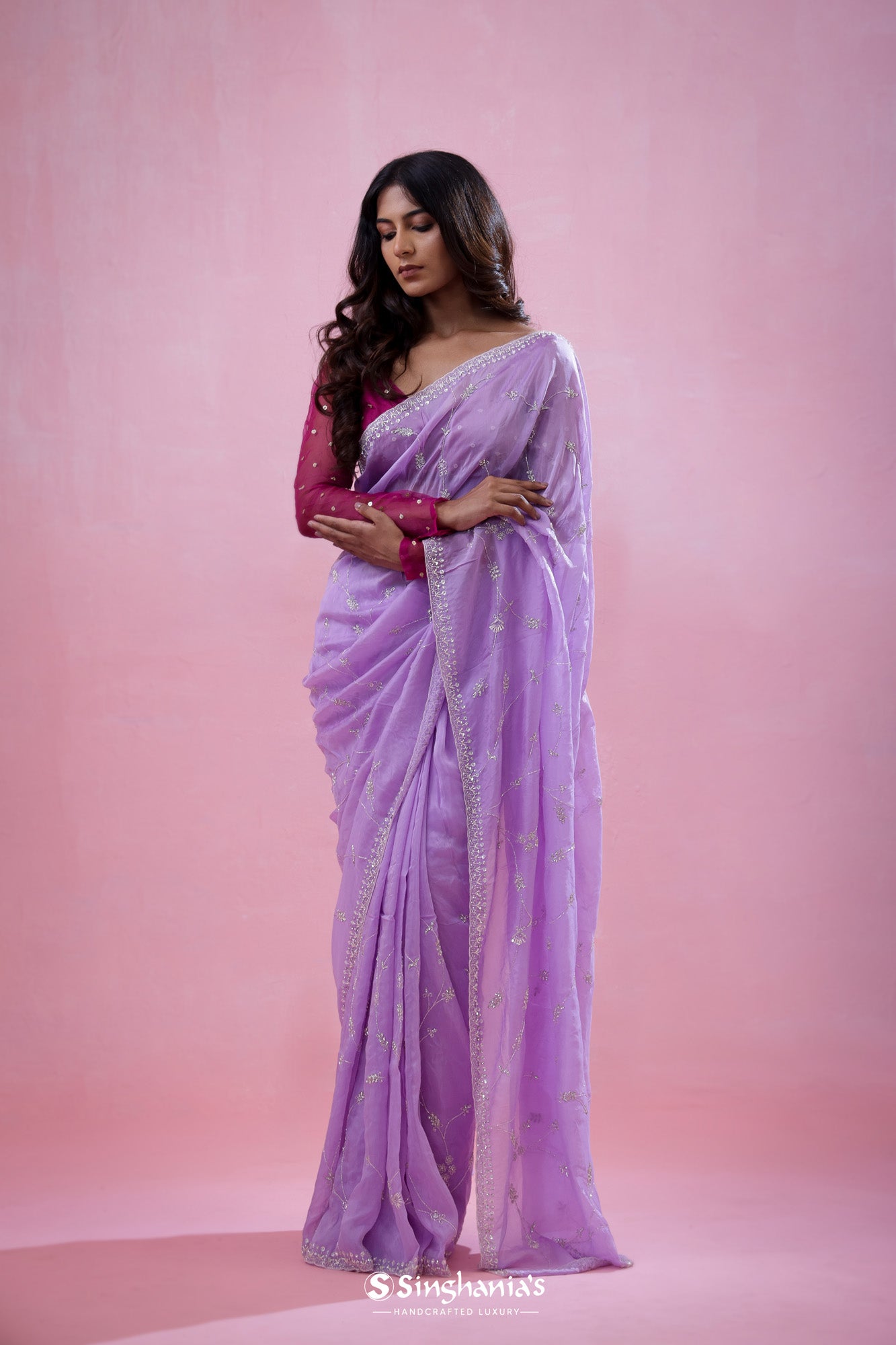 Amethyst Purple Tissue Organza Saree With Hand Embroidery