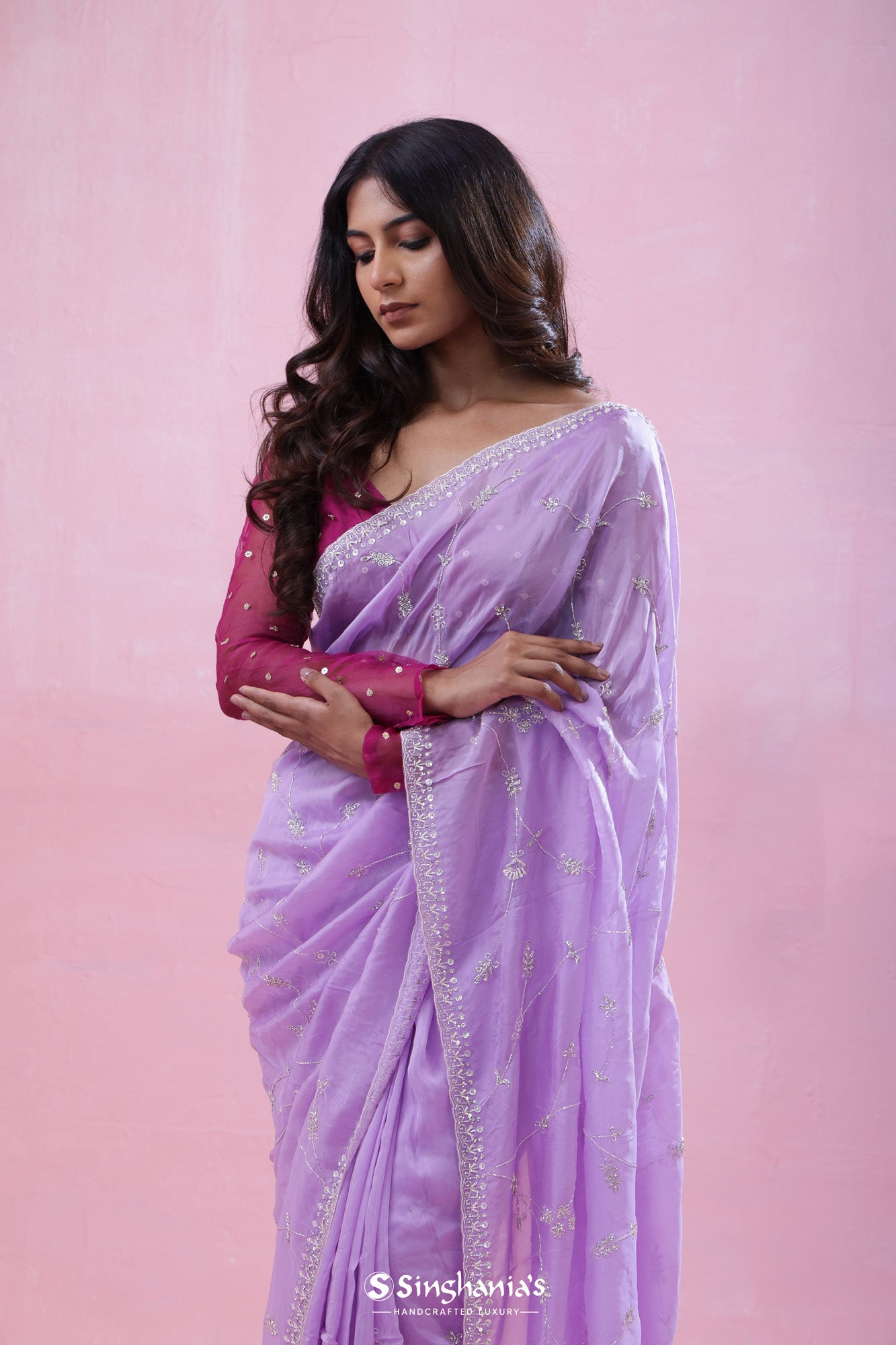 Amethyst Purple Tissue Organza Saree With Hand Embroidery