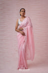 Flamingo Pink Organza Saree With Hand Embroidery