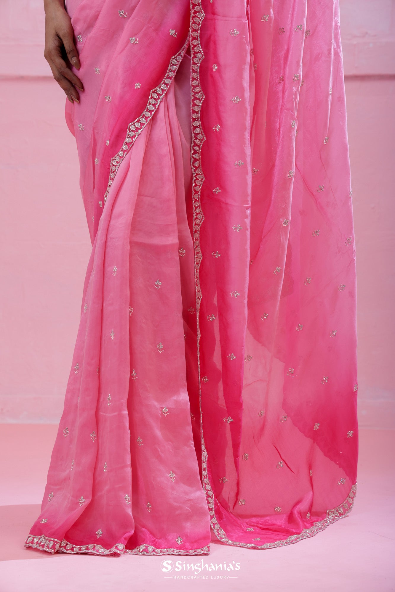 Rose Pink Organza Saree With Hand Embroidery