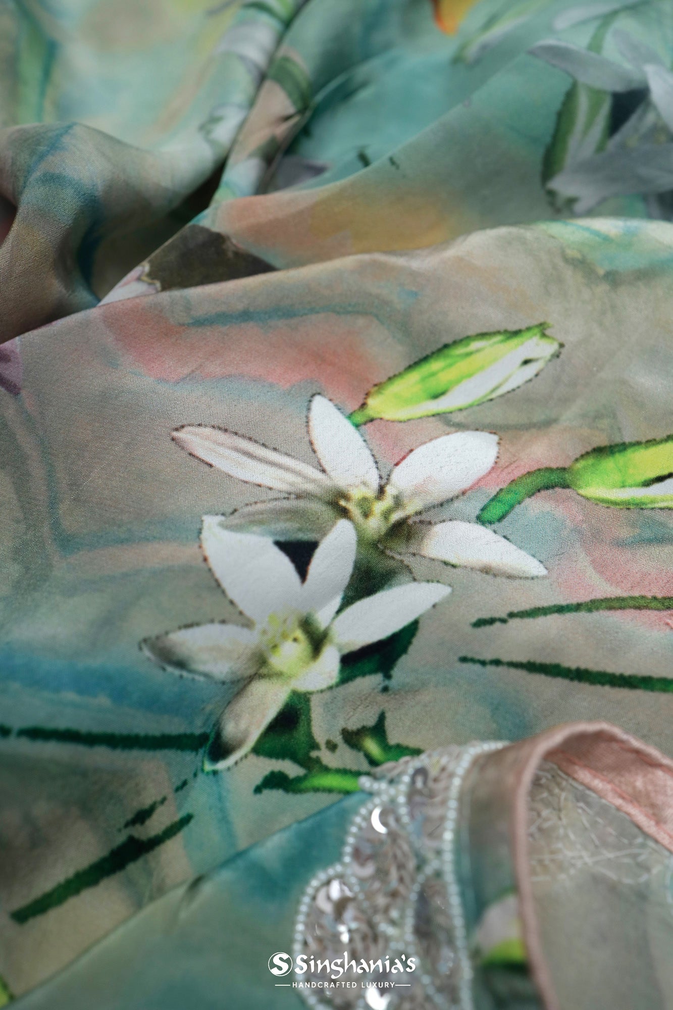 Viridian Green Organza Printed Saree With Floral Pattern