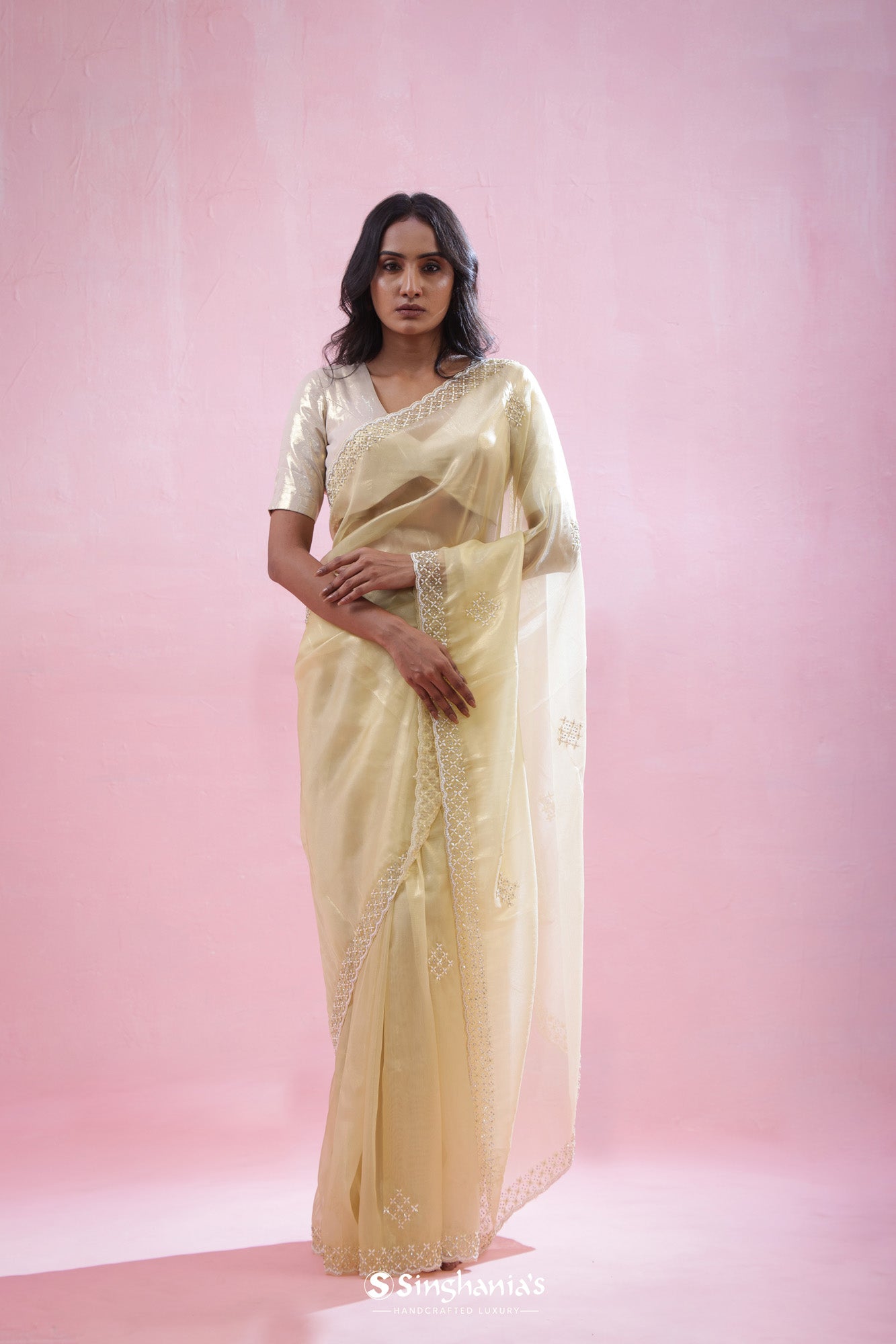 Celadon Gold Tissue Organza Saree With Hand Embroidery