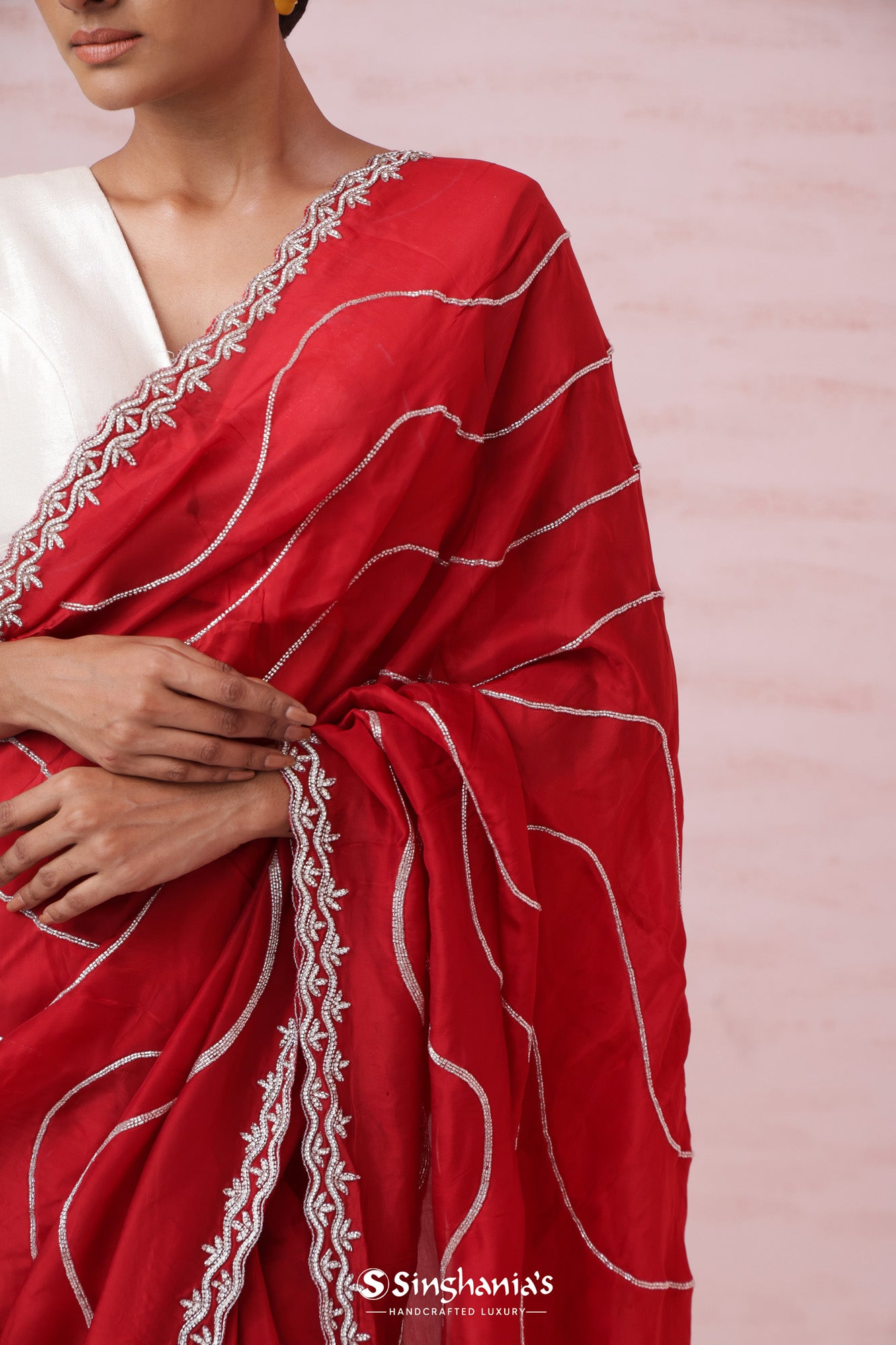 Rich Red Organza Designer Saree With Hand Embroidery