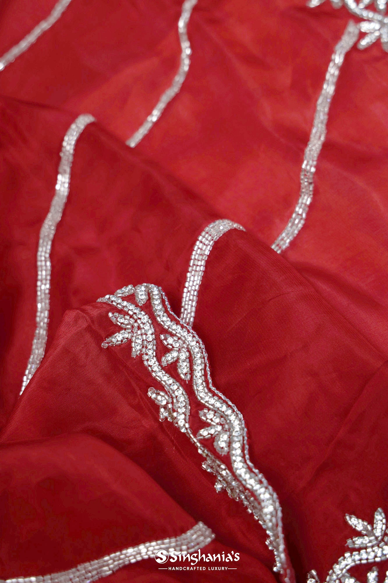 Rich Red Organza Designer Saree With Hand Embroidery