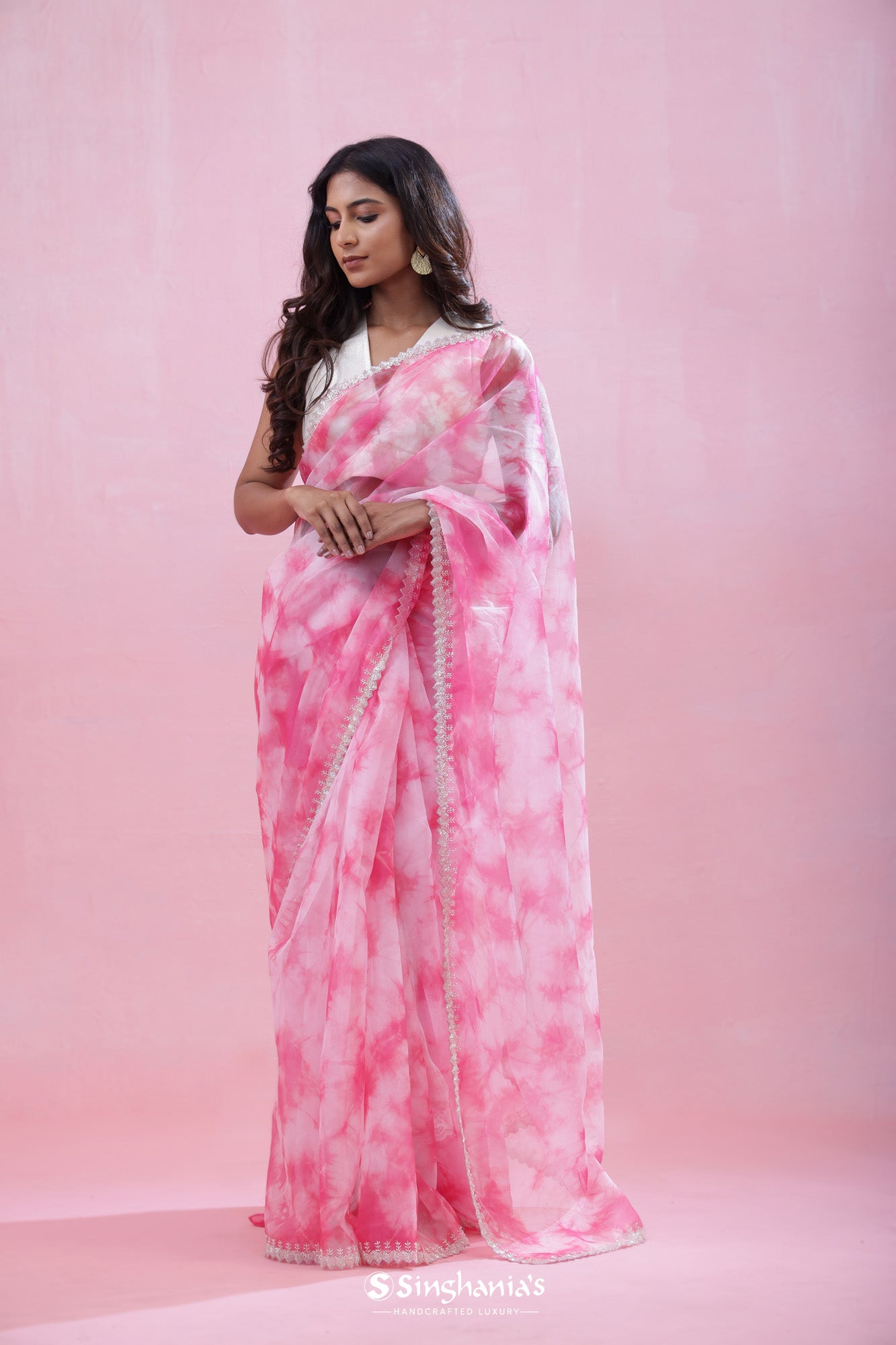 Pink White Organza Saree With Hand Embroidery