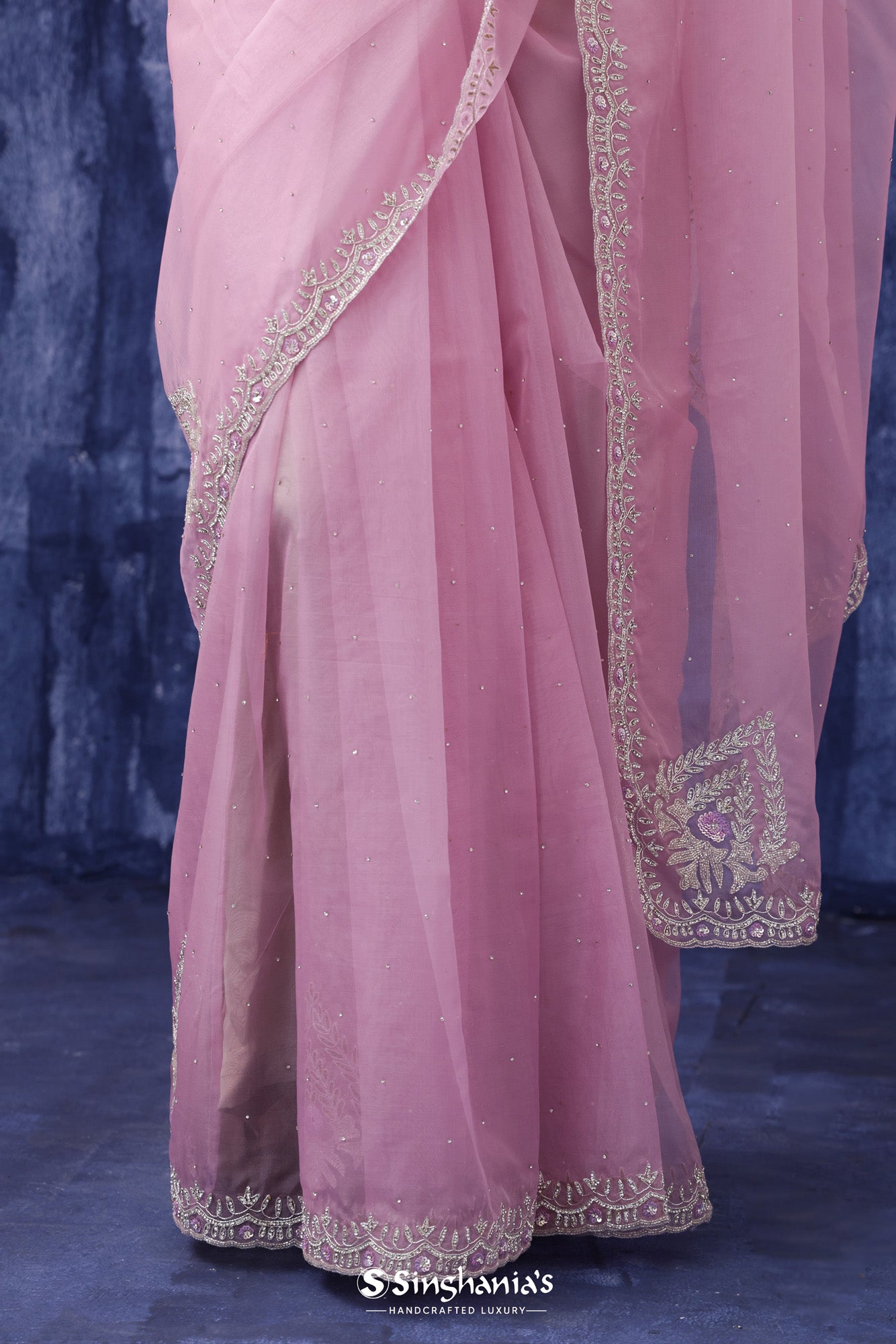 Carnation Pink Embroidery Organza Saree With Butta Motif