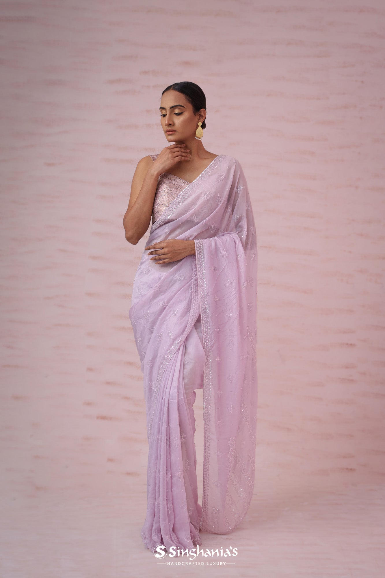 Pale Purple Tissue Organza Saree With Hand Embroidery