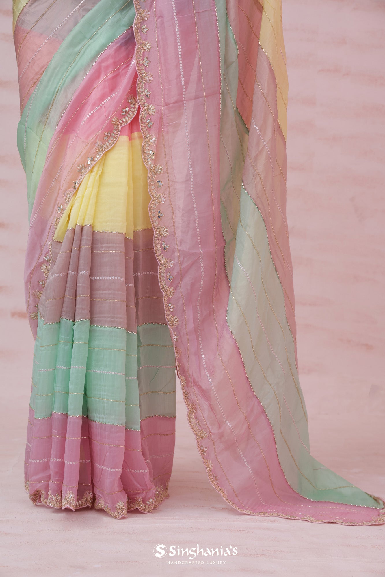 Peach Multi Color Tissue Organza Saree With Hand Embroidery