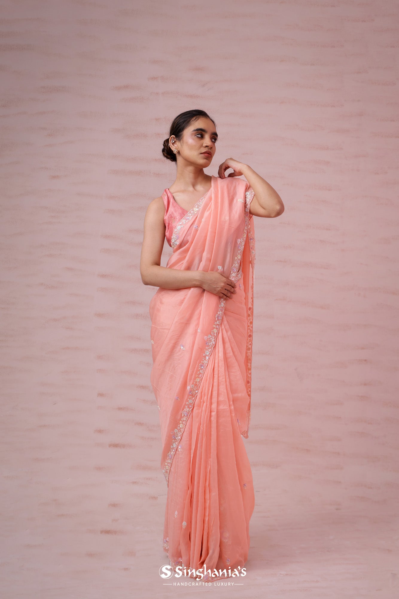 Peach Pink Organza Saree With Hand Embroidery