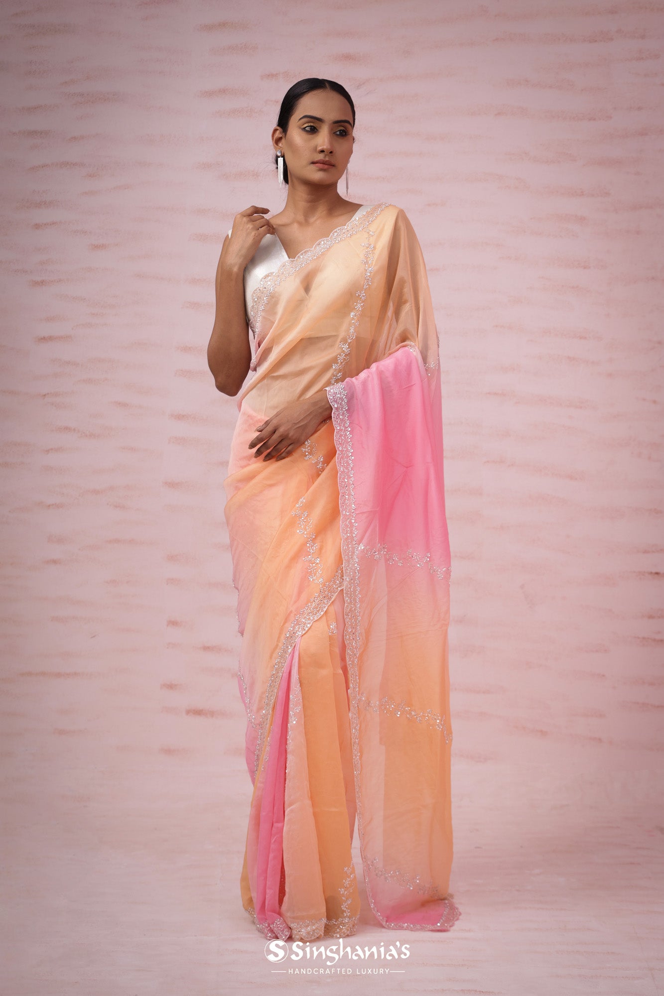 Pink - Peach Organza Designer Saree With Hand Embroidery