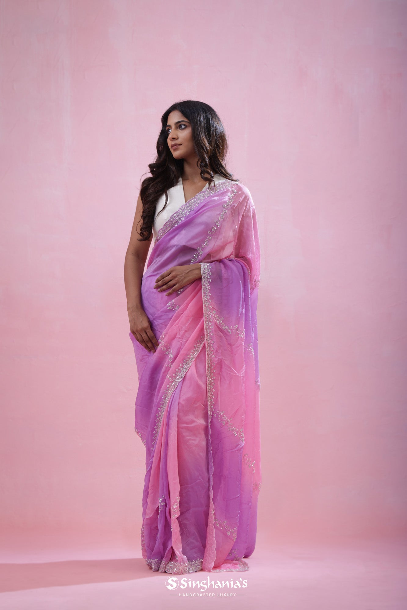 Pink Mauve Organza Saree With Hand Embroidery