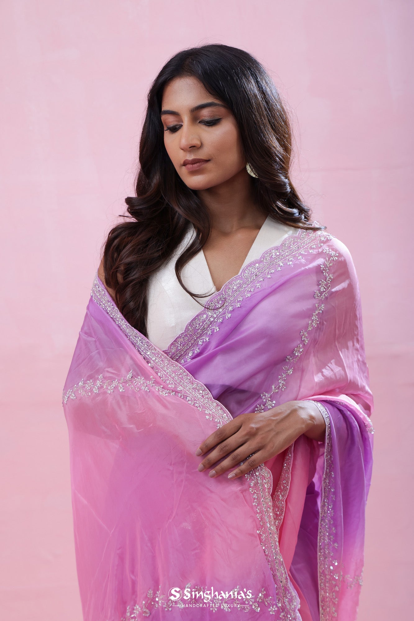 Pink Mauve Organza Saree With Hand Embroidery