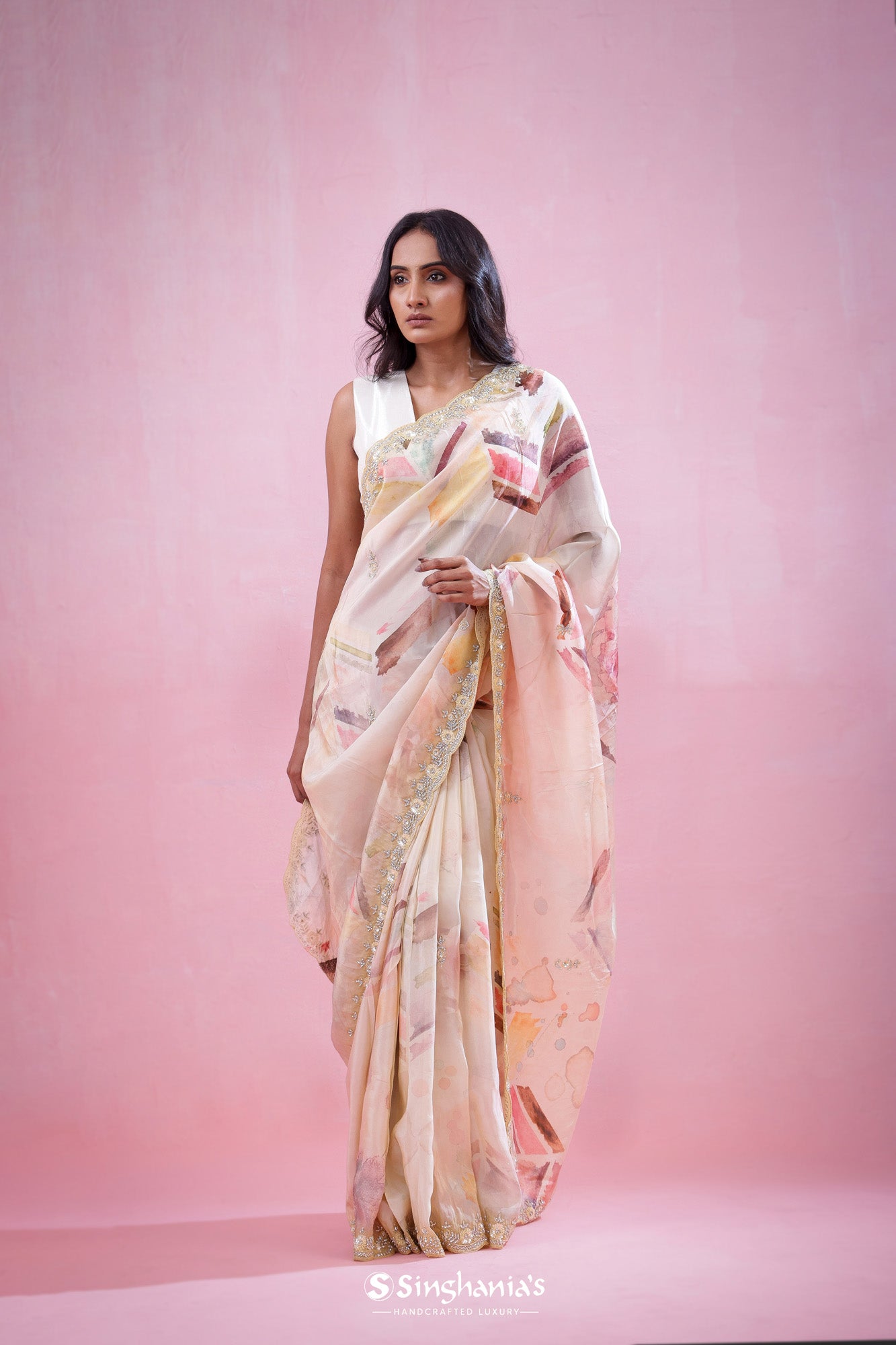 Vista White Printed Organza Saree With Hand Embroidery