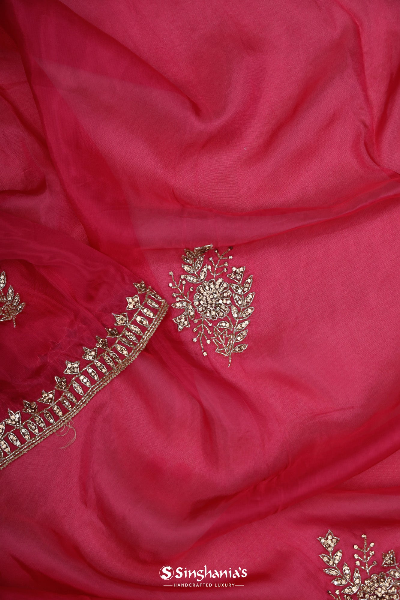 Amaranth Pink Organza Saree With Floral Butti Embroidery